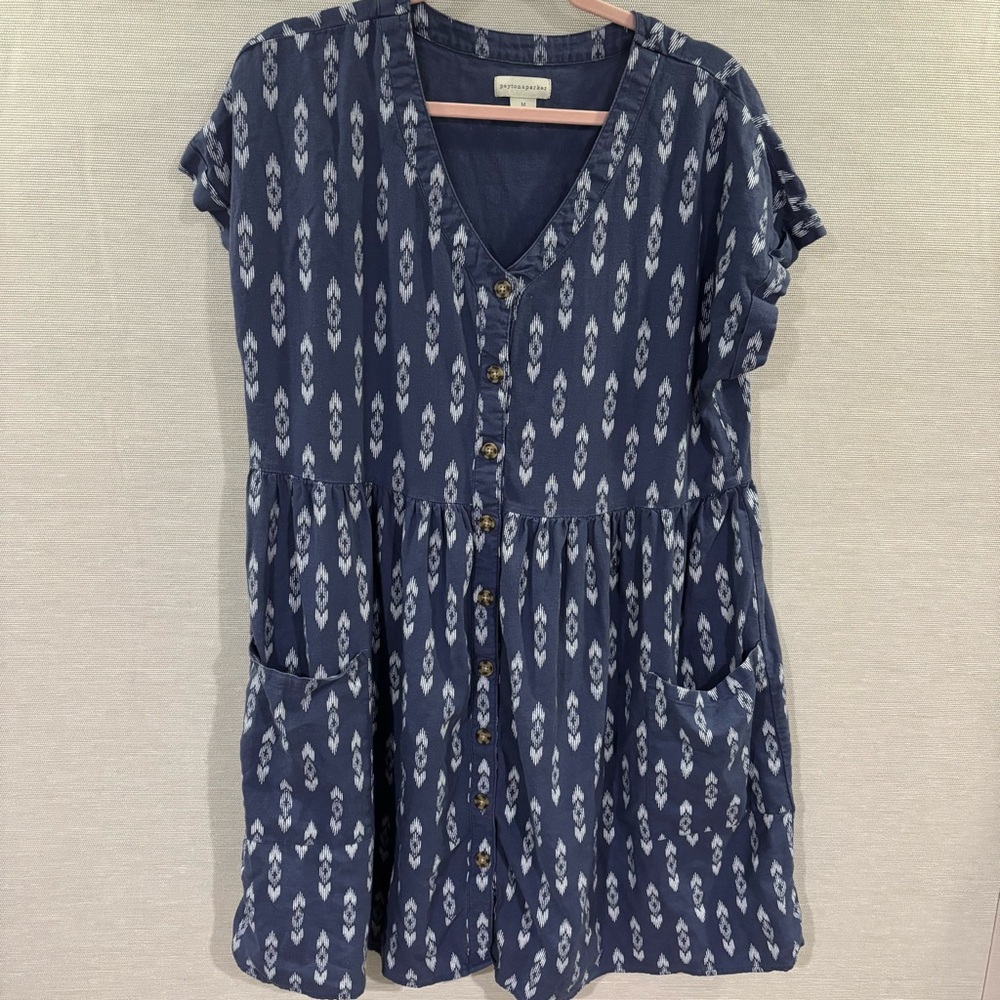 Peyton & Parker Dress Medium Blue Linen Rayon Front Button Relaxed Coastal Beach